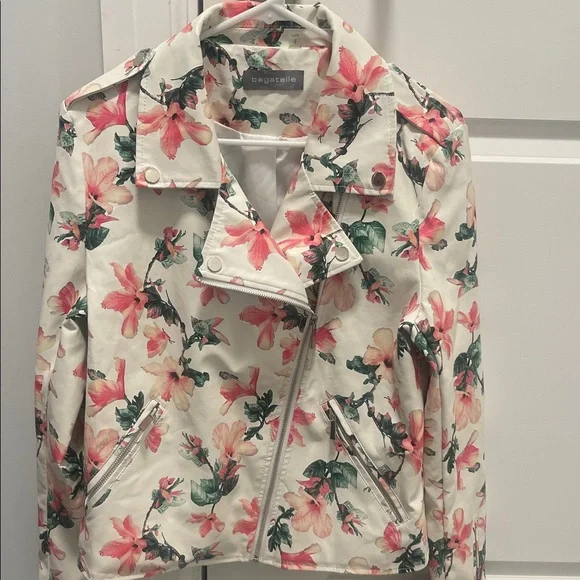 Bagatelle Women's Floral Leather Jacket - Cream and Pink - Picture 1 of 10